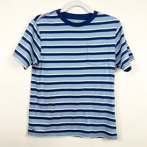 Boys Polo Ralph Lauren Blue Striped Crewneck Short Sleeve Tee Cotton Size Large - Picture 1 of 7